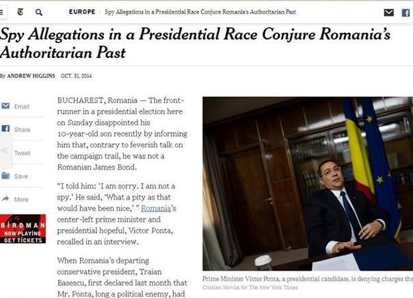 Imaginea articolului New York Times relatează despre acuzaţiile de spionaj din campania prezidenţială din România