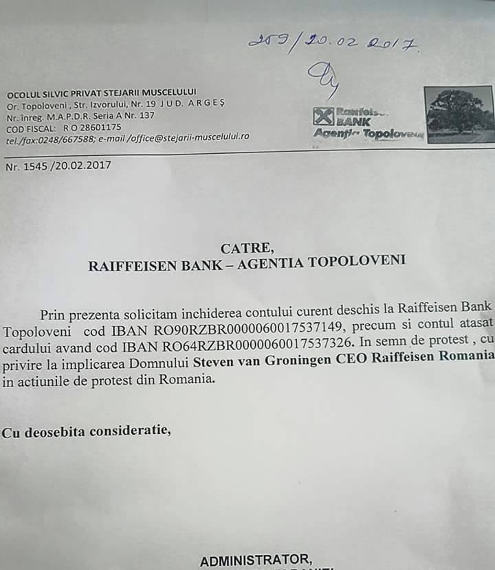 Imaginea articolului Angajaţii unui ocol silvic şi-au închis contul la bancă în semn de protest faţă de participarea şefului Raiffeisen Bank la mitigurile antiguvernamentale