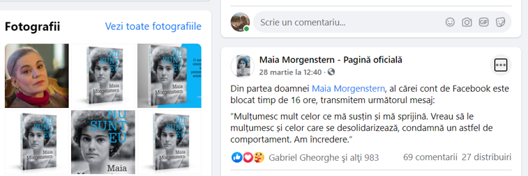 Imaginea articolului Contul de Facebook al actriţei Maia Morgenstern a fost suspendat temporar