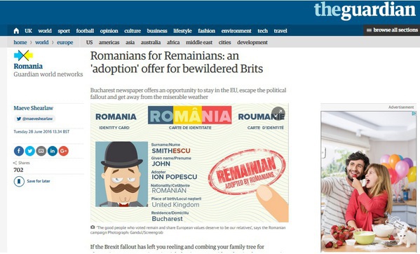 Imaginea articolului Campania Gândul „Romanians adopt Remainians” a ajuns în presa din Marea Britanie. The Guardian: Un cotidian din Bucureşti oferă britanicilor oportunitatea de a rămâne în UE