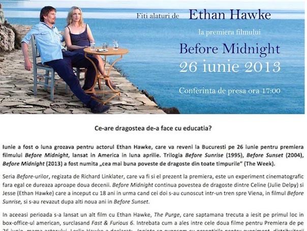 Imaginea articolului Ethan Hawke vine la Bucureşti pentru premiera filmului "Before Midnight"