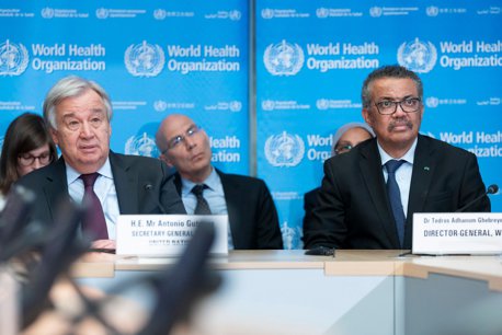 Antonio Guterres, secretarul general al ONU şi Tedros Adhanom Ghebreyesus, directorul general al OMS