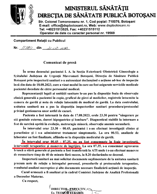 Ce arată raportul DSP Botoşani după controlul la spitalul judeţean Mavromati: 7 ore niciun medic nu i-a acordat îngrijiri tinerei care ulterior a murit. Spitalul nu a prezentat inspectorilor protocolul
