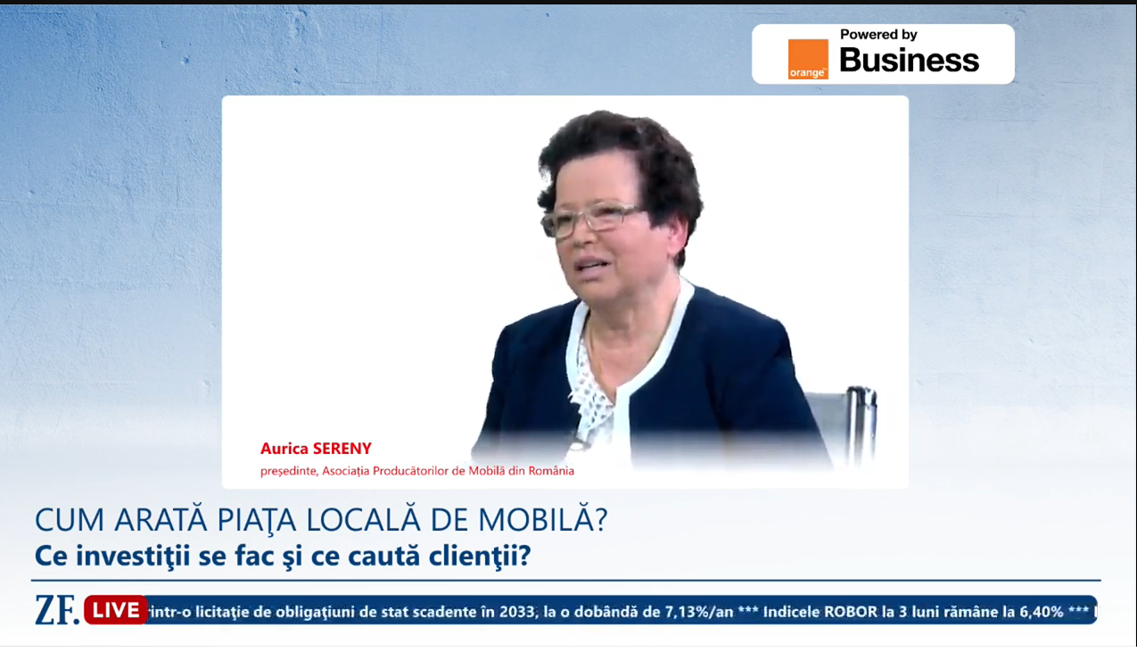 ZF Live. Aurica Sereny, Asociaţia Producătorilor de Mobilă: „Vânzările de mobilă au scăzut foarte mult. Foarte multe firme sunt la limita profitabilităţii”