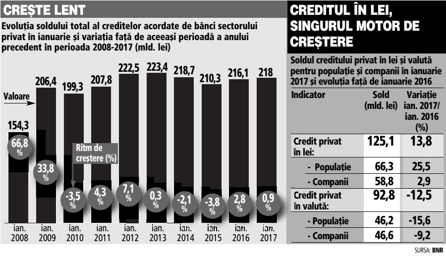 Creditarea privată a început anul cu o creştere timidă, de sub 1%. Doar împrumuturile în lei pentru populaţie menţin creditarea pe linia de plutire