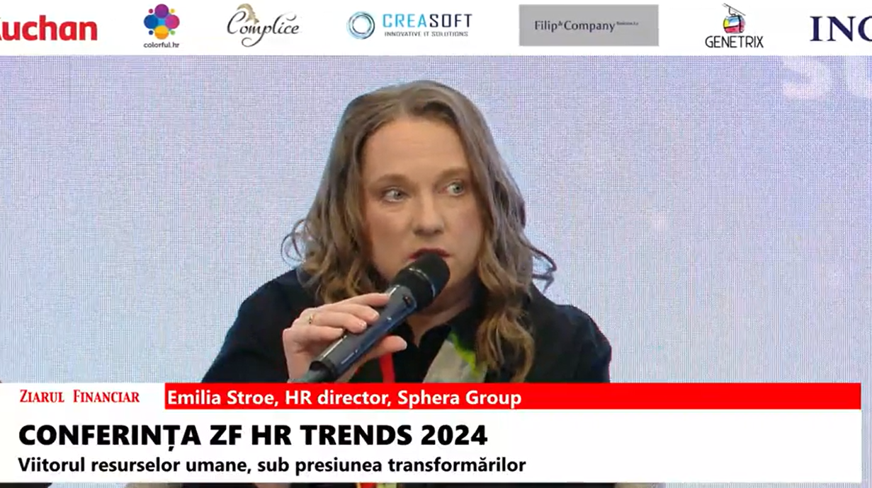 Emilia Stroe, HR director, Sphera Group: Populaţia Europei e în proces de îmbătrânire, iar tendinţa aceasta va ajunge şi în România şi astfel ajungem la subiectul reconversiei profesională. Cred că această reconversie profesională va fi noua recrutare în următorii ani