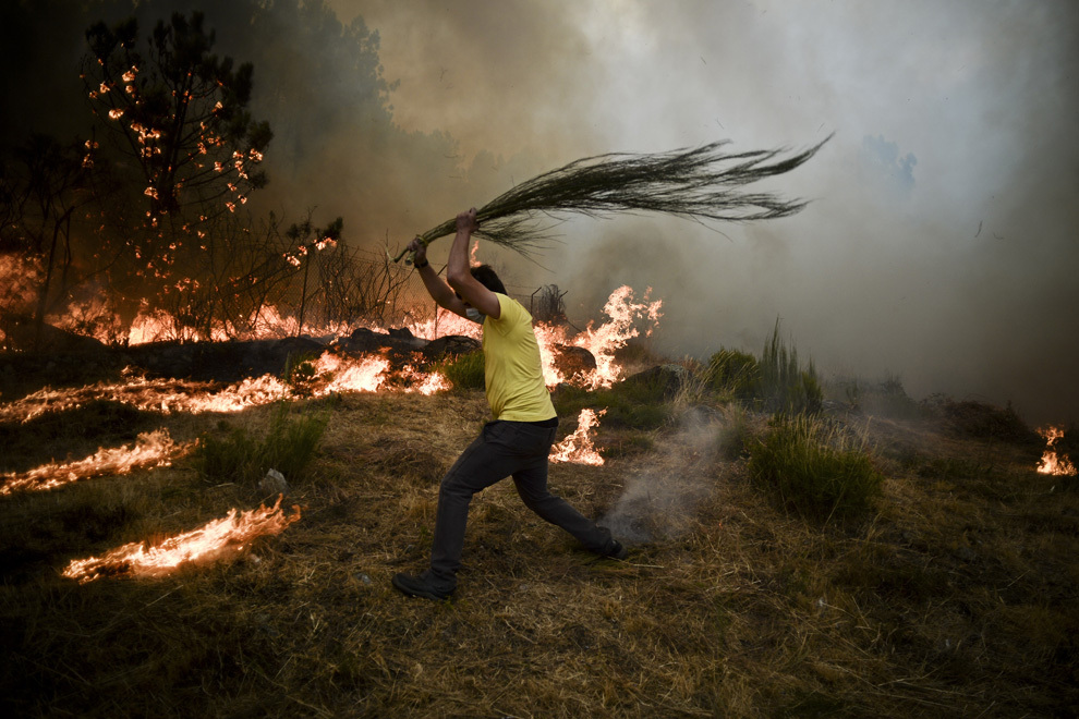 Un localnic încearcă să stingă un incendiu de vegetaţie în Caramulo, centrul Portugaliei, joi, 29 August 2013. 