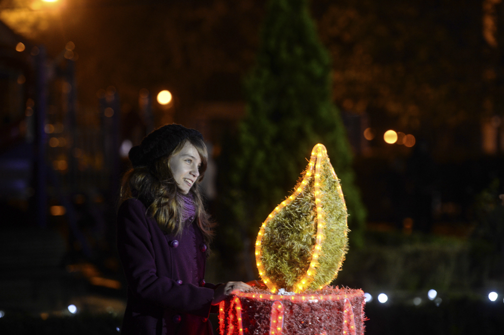 O tânără stă lângă o instalaţie de iluminat, montată în parcul "Alexandru Ioan Cuza" din Sectorul 3, în Bucureşti, duminică, 1 decembrie 2013.