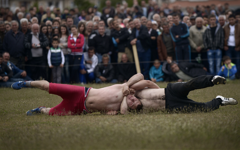 Doi concurenţi se luptă în timpul unui campionat de wrestling tradiţional, în Draginovo, aflat la 180 de km sud-est de Sofia, duminică, 4 mai 2014. 