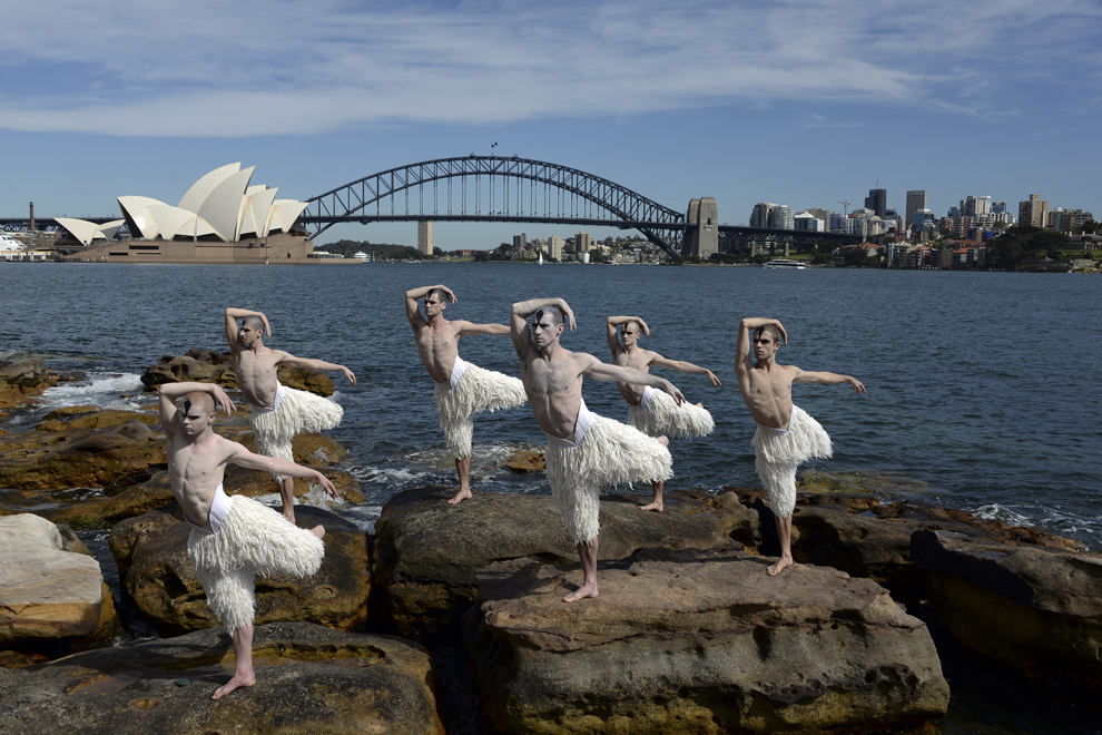 Dansatori, membri ai trupei coregrafului  Mathew Bourne, pozează în formaţie în faţa Operei din Sydney şi a podului Harbour Bridge, în Sydney, Australia, marţi, 28 octombrie, 2014.