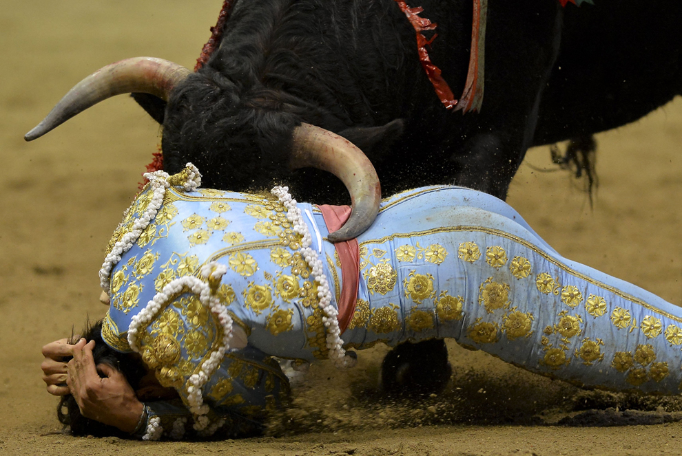 Toreadorul peruvian, Andres Roca Rey este lovit de un taur în arena de coride La Macarena, în Medelin, Columbia, sâmbătă, 24 ianuarie 2015.