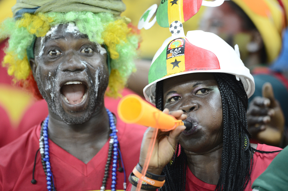 Suporteri ghanezi reacţionează înaintea meciului dintre Burkina Faso şi Ghana , contând pentru Cupa Africii pe Naţiuni, pe stadionul Mbombela, în Nelspruit, Africa de Sud, miercuri, 6 februarie 2013. (Stephane de Sakutin / AFP)   