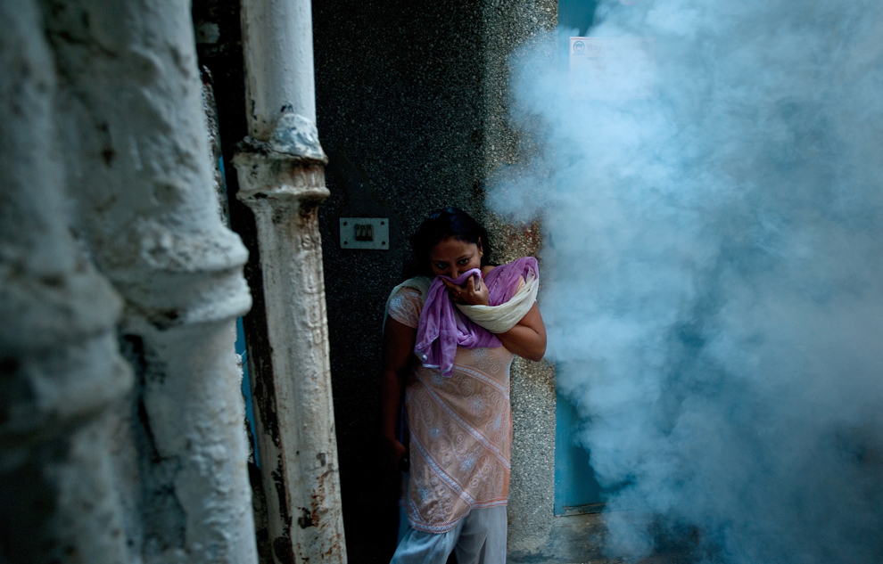 O femeie îşi acoperă faţa în timpul unei acţiuni de fumigaţie împotriva ţânţarilor, într-un cartier din New Delhi, India, joi, 3 octombrie 2013.