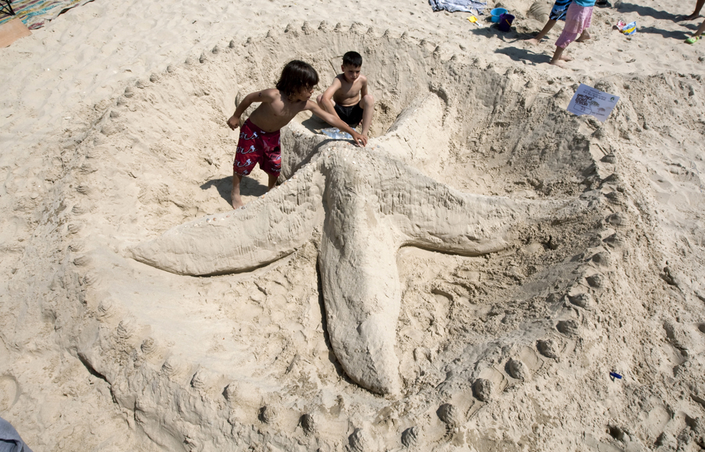 Copii realizează o sculptură în nisip reprezentând o stea de mare, pe o plajă din oraşul Beit Yanai, luni, 5 aprilie 2010.