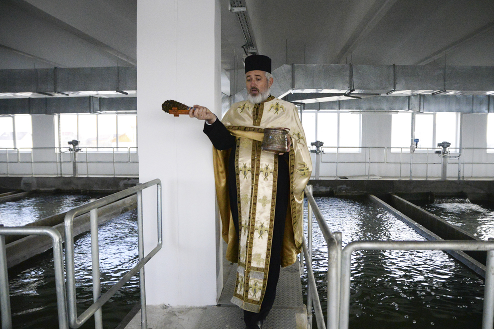 Un preot sfinţeştea apa de la Staţia de Tratare din Cătămărăşti Deal, Botosani, cu ocazia sărbătoririi Botezului Domnului, marţi, 6 ianuarie 2015.