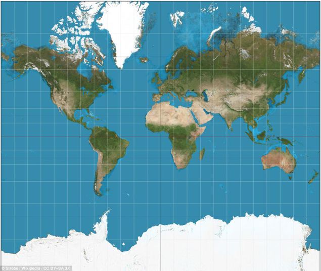 Harta lumii în proiecţia Mercator.