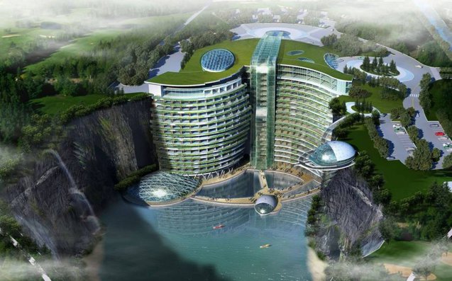 Songjiang Shimao Hotel ce se va deschide până la finalul lui 2014, lângă Shanghai, este un hotel de cinci stele, situat într-o peşteră, în care s-au investit 345 de milioane de lire sterline. 