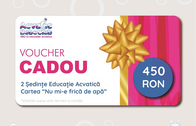 Voucher la Acvatic Bebe Club, în Bucureşti, recomandat pentru copiii de minimum 4 luni, care conţine două şedinţe de terapie şi cartea „Nu mi-e frică de apă“, 450 de lei