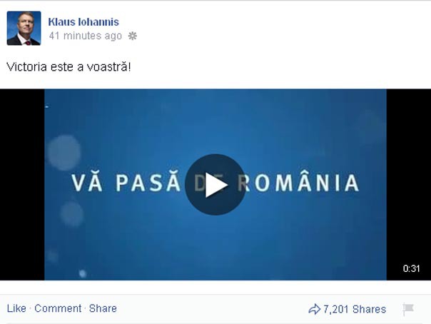 Imaginea articolului Iohannis, mesaj de mulţumire pe Facebook, semnat "Klaus Iohannis, preşedintele ales al românilor" - VIDEO