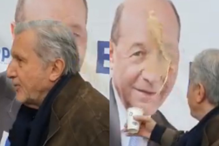 Imaginea articolului Ilie Năstase, filmat în timp ce aruncă un pahar de cafea pe afişul lui Traian Băsescu: „Eşti nebun, Iliuţă. Te filmez!”- VIDEO