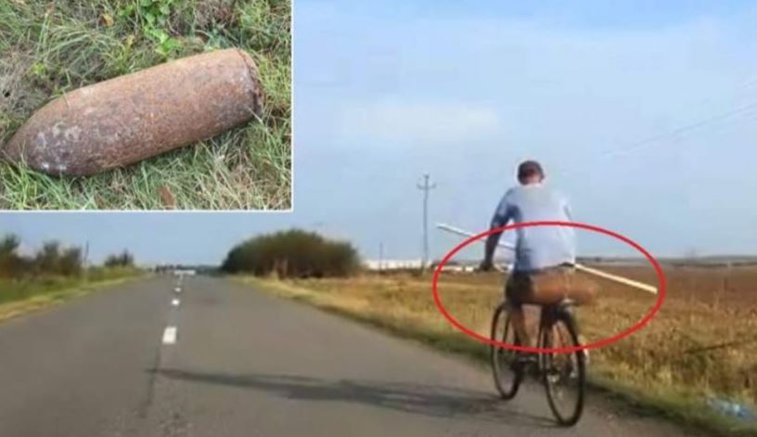 Imaginea articolului FOTO Bărbat surprins în timp ce transporta cu bicicleta o bombă de 50 de kilograme. Ce a făcut cu muniţia