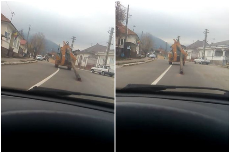 Imaginea articolului VIDEO. Imagini incredibile cu un excavator care târăşte o ţeavă de metal pe străzile unei comune
