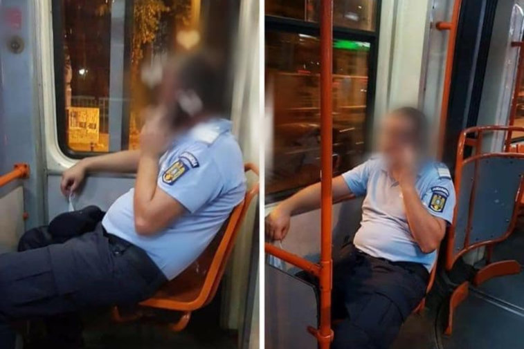 Imaginea articolului FOTO: În uniformă, dar fără mască de protecţie în autobuz. Ipostaza în care a fost surprins un jandarm ar putea să-l coste scump