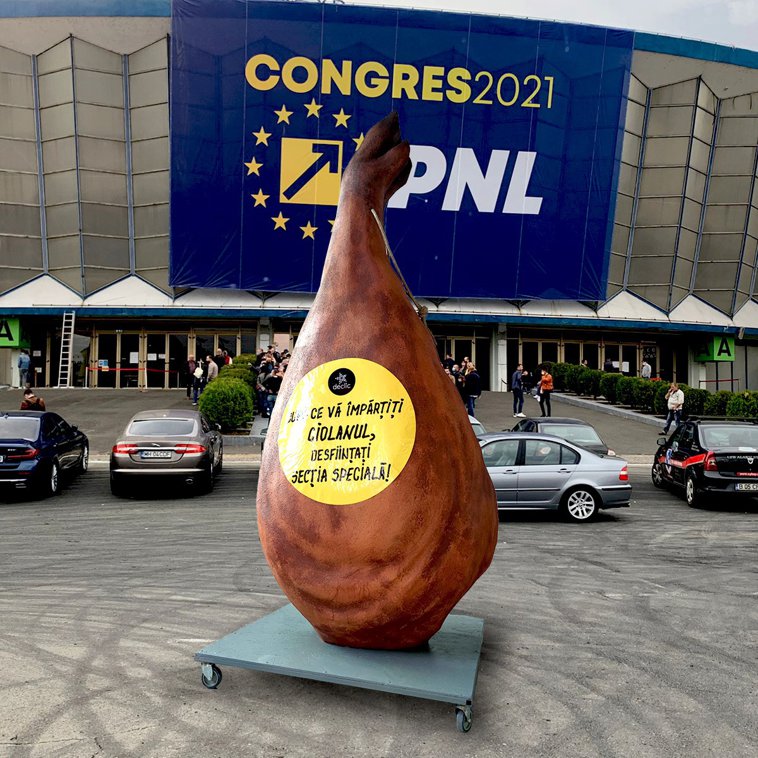 Imaginea articolului Protest cu ciolan la congresul PNL de la Romexpo. Manifestanţii cer desfiinţarea Secţiei Speciale