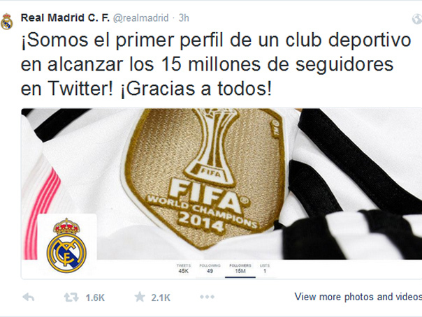 Imaginea articolului Real Madrid, primul club din lume care depăşeşte 15 milioane de abonaţi pe Twitter