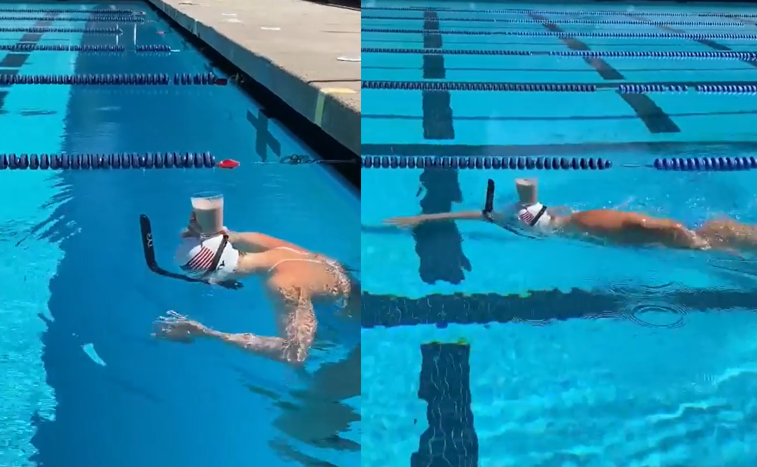 Imaginea articolului VIDEO. Înotătoarea olimpică Katie Ledecky face o tură de bazin în timp ce ţine în echilibru un pahar cu lapte pe cap