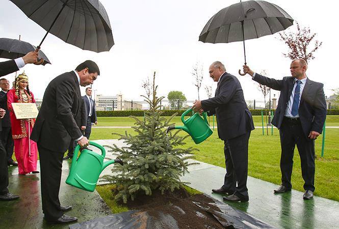 Imaginea articolului Imaginea zilei: Preşedintele Turkmenistanului şi cel al Belarusului udă un copac sub umbrele, în timp ce afară plouă