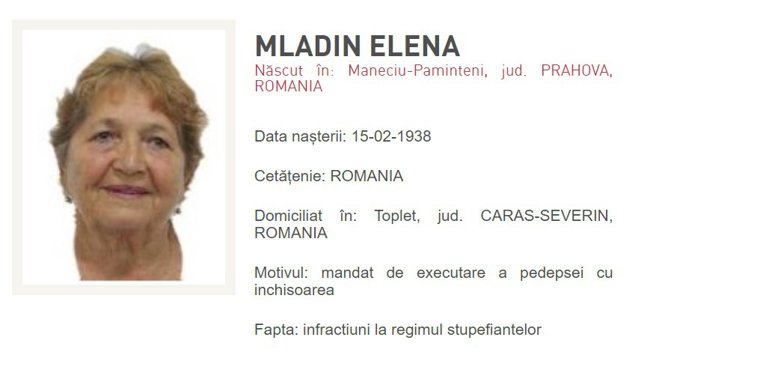 Imaginea articolului Cea mai în vârstă persoană data în urmărire din România: Elena Mladin de 82 de ani, condamnată pentru trafic de droguri 