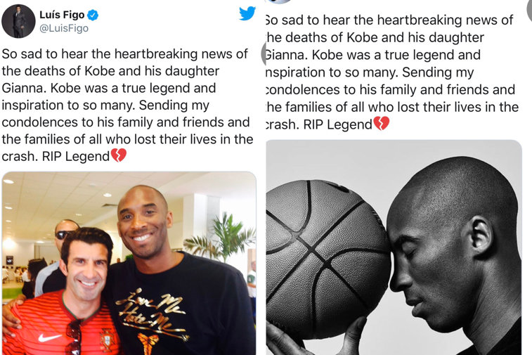 Imaginea articolului Cristiano Ronaldo şi Luis Figo au postat mesaje identice după moartea lui Kobe Bryant. Controversele create 