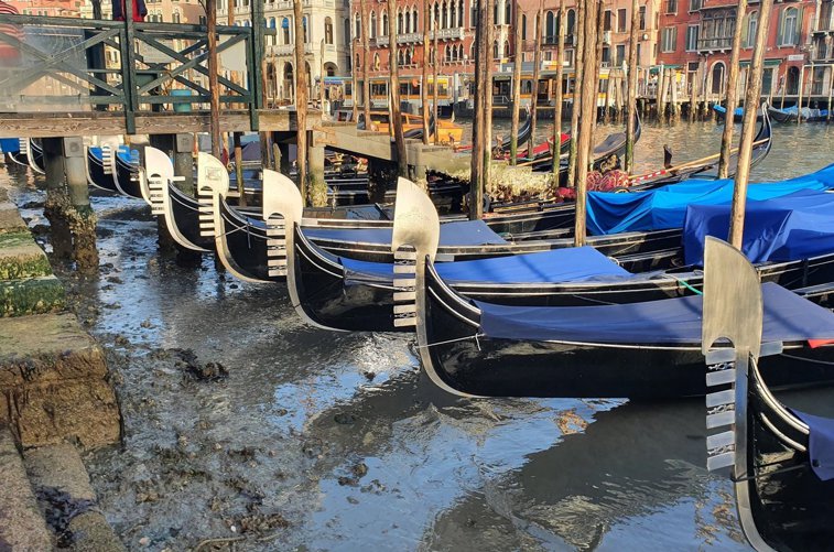 Imaginea articolului FOTO Peisaj dezolant în Veneţia, cu bărci şi gondole blocate în noroi. Nivelul apei a scăzut atât de mult încât canalele au secat
