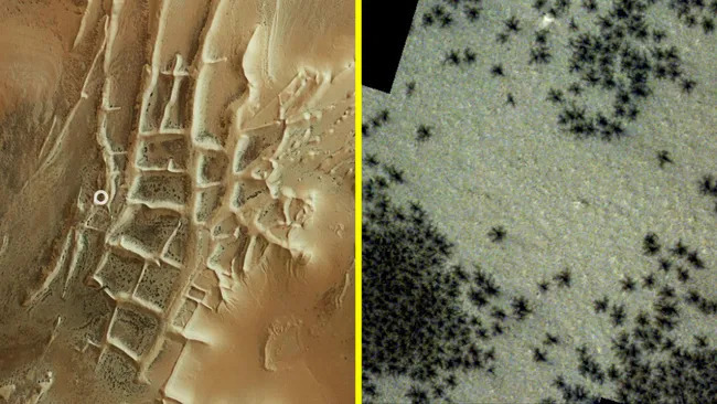 Noi imagini satelitare arată sute de păianjeni negri pe Marte
