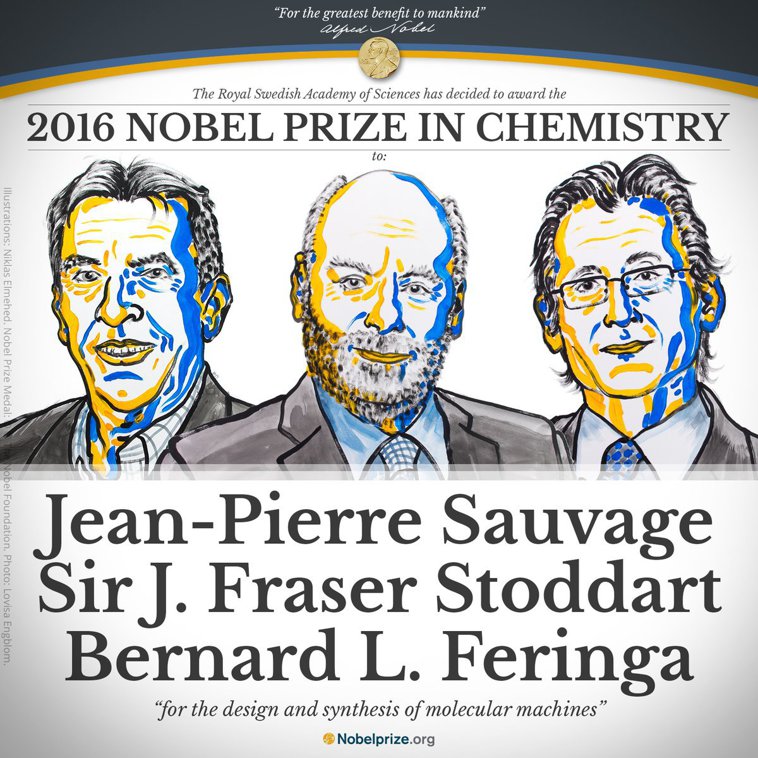 Imaginea articolului Jean Pierre-Sauvage, Sir J. Fraser Stoddart şi Bernard L. Feringa - Premiul Nobel Pentru Chimie 2016