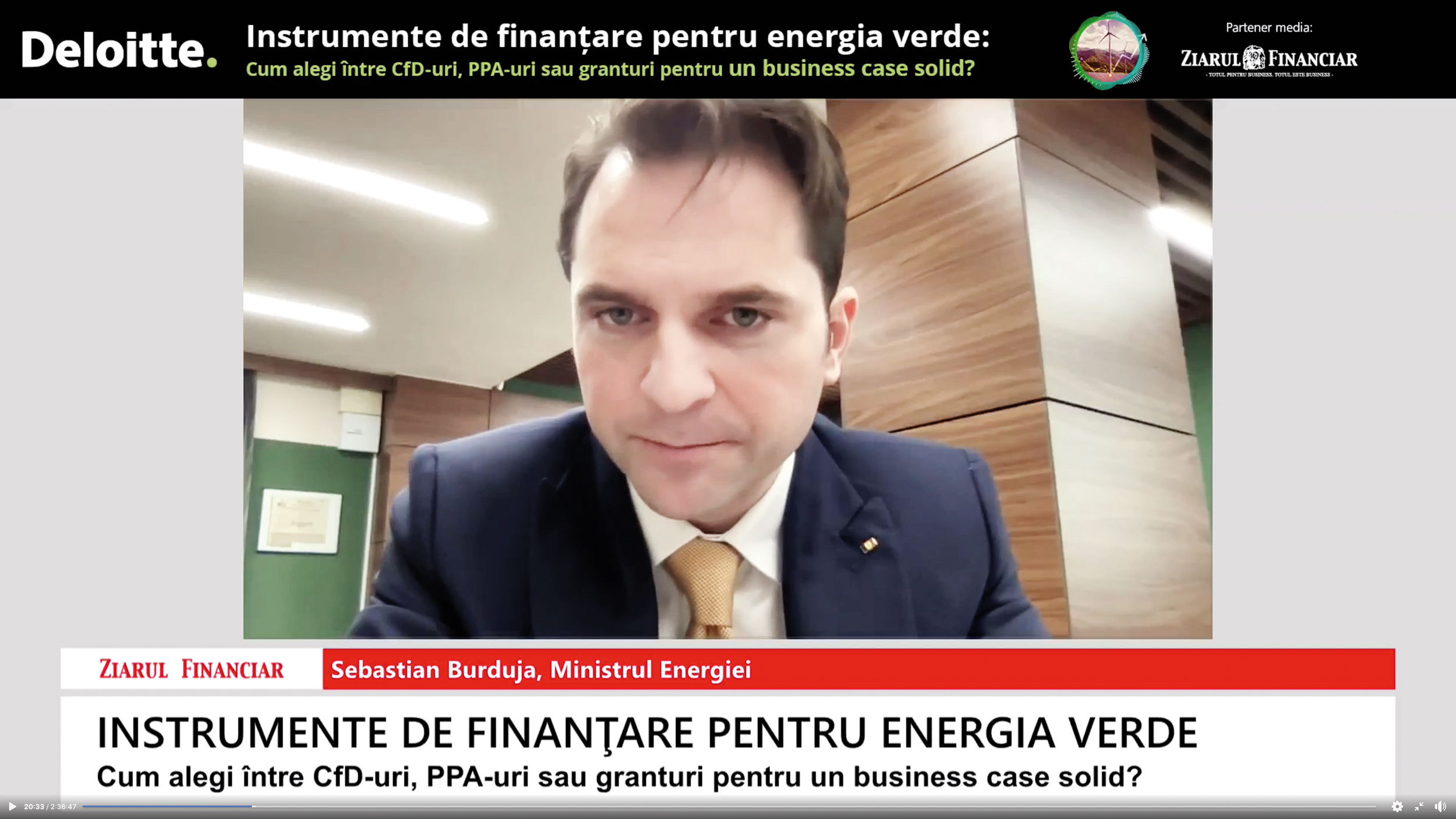 Videoconferinţa Deloitte/ZF. România se pregăteşte de lansarea unei noi scheme de sprijin pentru regenerabili, CfD, în valoare de circa 3 mld. euro, pe 15 ani. „Există posibilitatea impunerii unei taxe pentru consumatori“