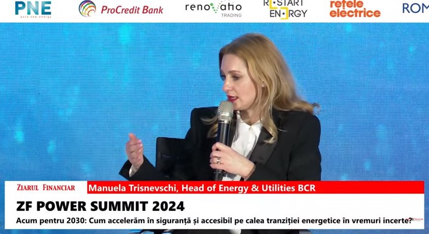 Manuela Trisnevschi, head of energy & utilities BCR: Când vorbim de proiecte din zona de energie regenerabilă, ne uităm la structură, la calitatea sponsorilor şi la predictibilitatea pieţei. Ne uităm la proiecte de mici dimensiuni, de autoconsum, dar şi la proiecte foarte mari care necesită o abordare integrată a jucătorilor bancari din piaţă