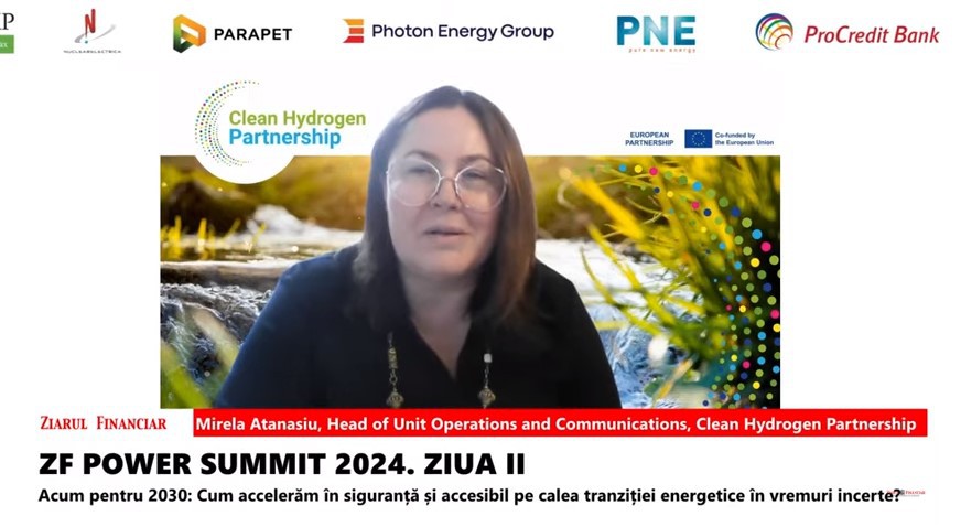 Mirela Atanasiu, Head of Unit Operations and Communications, Clean Hydrogen Partnership: Comisia Europeană a recunoscut hidrogenul ca o parte importantă a soluţiilor pentru decarbonizare şi au început să apară la nivel european finanţări în zona de hidrogen. Din partea României vin însă foarte puţine proiecte de cercetare