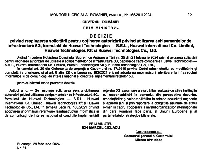 Oficial: România respinge cererea gigantului Huawei din China de a furniza echipamente pentru reţele 5G, după evaluarea realizată de CSAT. „Se respinge solicitarea”