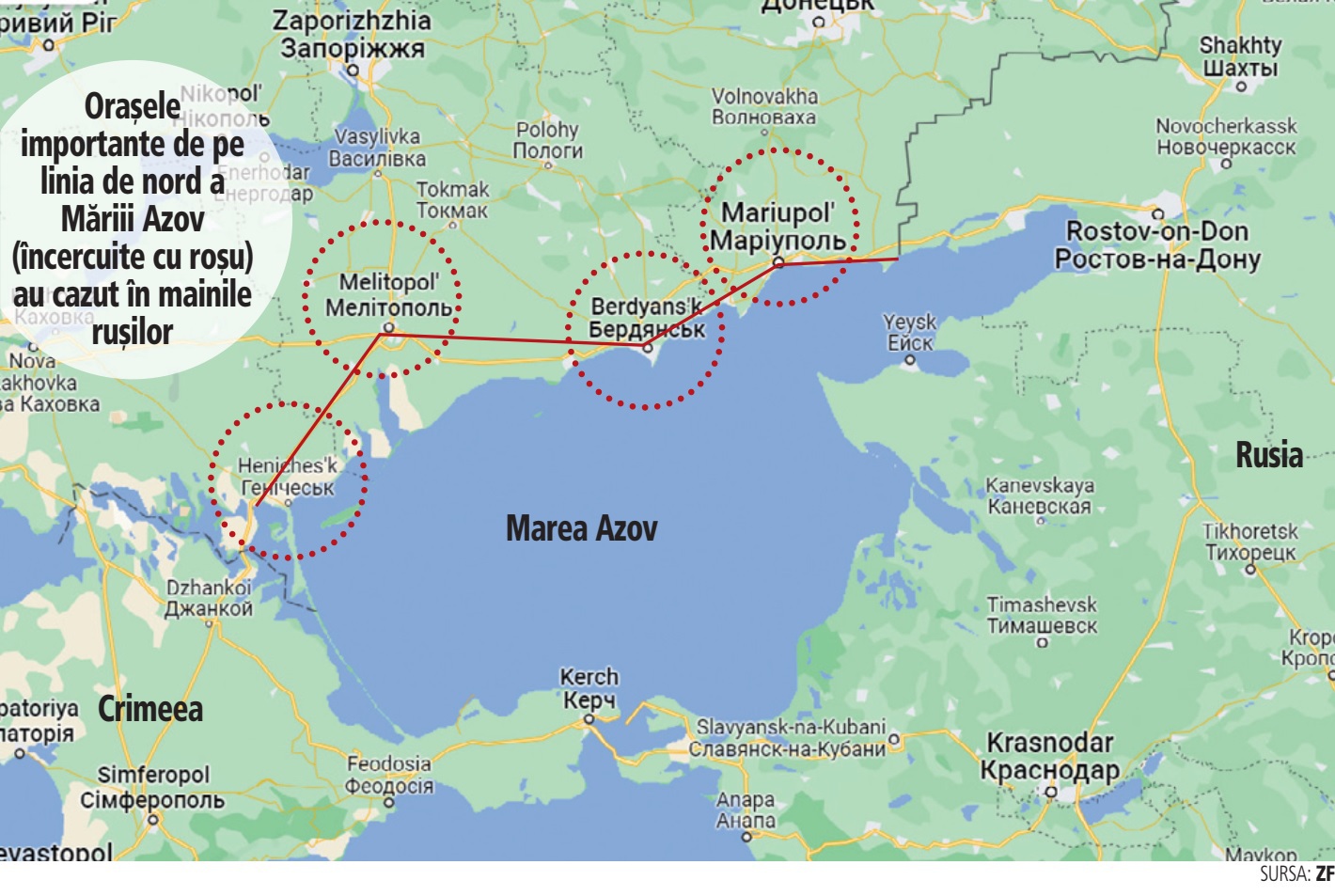 Mariupolul a căzut. Cu cât este Rusia mai aproape de obiectivul de a tăia accesul Ucrainei la Marea Azov? Aşa cum arată harta, Rusia a ocupat în acest moment toate oraşele importante din ruta terestră dintre Crimeea şi Rusia, însă nu este clar dacă ruşii controlează tot malul nordic al Mării Azov