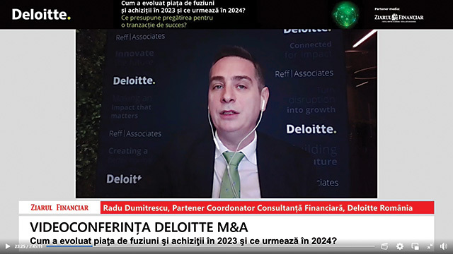 Deloitte M&A 2024. Radu Dumitrescu, Deloitte România: Este nevoie de mai mulţi jucători locali în tranzacţiile mari din piaţa M&A (mergers and acquisitions) din România, aceştia fiind implicaţi în mai puţin de 4 din 10 tranzacţii M&A mari