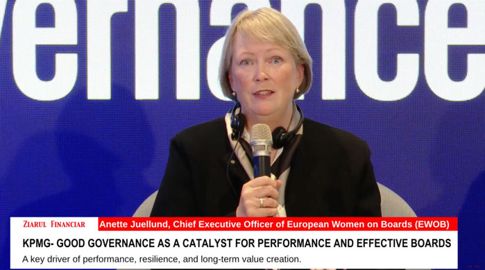 Anette Juellund, European Women on Boards (EWOB): Directiva UE privind femeile în consiliile de administraţie a apărut pentru a accelera schimbarea. În 2012, reprezentarea femeilor în consiliile de administraţie era de 14%, astăzi a ajuns la 36