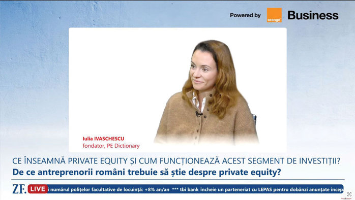 ZF Live. Ce este piaţa de private equity, care are doar 0,11% din PIB în România? Iulia Ivaschescu, fondator, PE Dictionary: „Răspunsul simplu: capital investit în companii nelistate la bursă“