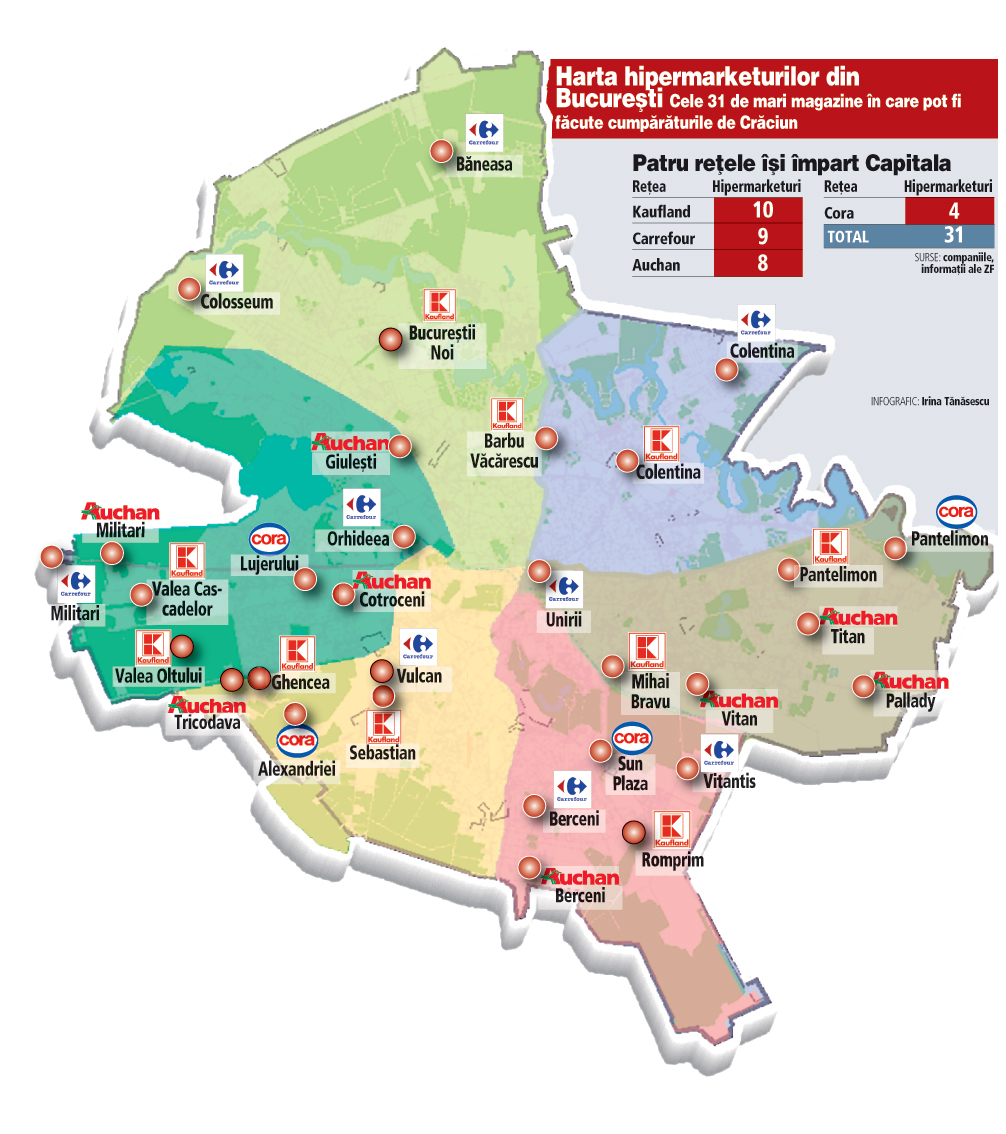 Harta celor 31 de hipermarketuri din Bucureşti care aşteaptă vânzări de un miliard de lei în decembrie