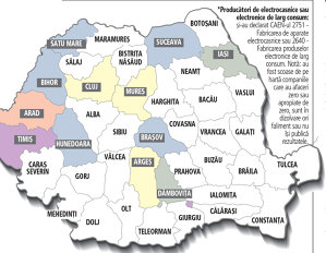 Harta producţiei locale de electro-IT: Doar 13 judeţe şi Bucureştiul au cel puţin o fabrică unde se realizează electronice sau electrocasnice . România are 35 de astfel de companii