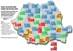Harta celor mai mari zece fabrici din fiecare judeţ. Cum arată astăzi marile zone de producţie din România: Alba – capitala industriei alimentare mari, Argeş, Dolj şi Timiş  – reşedinţele de bază ale industriei auto. Şase judeţe, inexistente pe harta inve