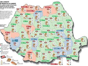 Harta alimentară a României. Mureşul stă foarte bine cu fabricile de alimente, Suceava şi Prahova stau bine la procesarea cărnii şi fabricarea pâinii, iar Maramureşul şi Oltul la producţia de ouă