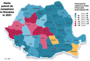 Harta puterii de cumpărare. Doar 10 judeţe din România, în frunte cu Bucureştiul, au o putere de cumpărare aproape egală sau peste media naţională. Inflaţia galopantă ar putea înrăutăţi situaţia în 2022