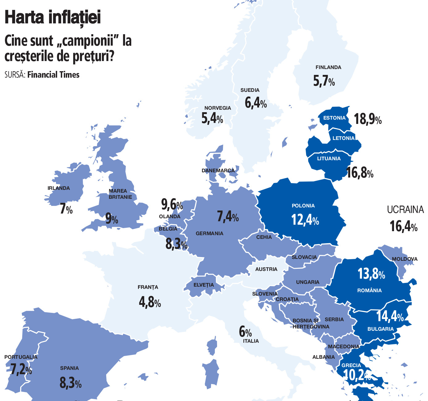 Harta inflaţiei în Europa: Inflaţia îi loveşte pe europeni în mod disproporţionat: Europa de Est şi ţările baltice, cele mai afectate